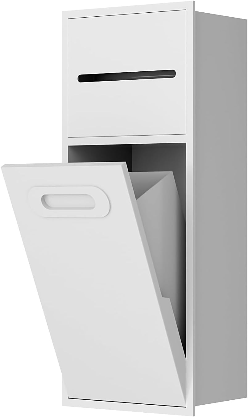 3 Gallon Bathroom Trash Can Tilt Out Trash Bin Cabinet, Hidden Trash Can Cabinet Recessed Wall Mounted Trash Can Stainless Steel With Toilet Paper Holder For Bathroom/Bedroom/Office/Kitchen, White White 8x20 inch