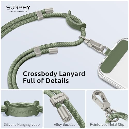 Image of SURPHY Phone Lanyard Crossbody, Phone Strap Crossbody with 2 Tether Tabs | Adjustable Cell Phone Lanyard, Anti Theft Phone Strap, Premium Metal Buckles, Universal Lanyard for Travel, Army Green