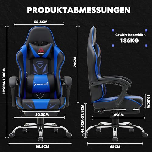 COLAMY Gaming Stuhl, Computer Stuhl mit Fußstütze und Lendenwirbelstütze, höhenverstellbarer Gaming Chair mit 360°-Drehsitz und Kopfstütze, Video Gamer PC Stuhl, Ergonomische hohe Rückenlehne, Blau