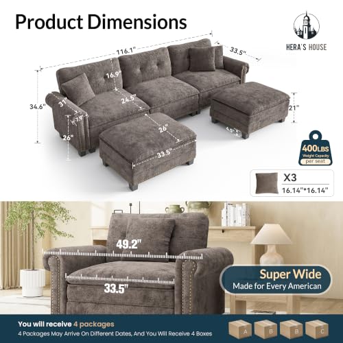 Image of HERA'S HOUSE 116 inch Oversized U Shaped Modular Sectional Couch Living Room | Mid-Century Modern 5-Seater Cloud Sofa, Grayish Brown, Rolled Arms & Nailhead Trim, Wider & Deeper Seats, Ottoman, Chenille