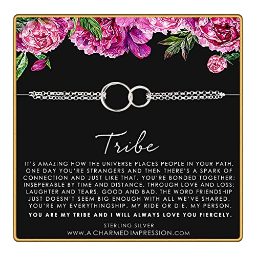 A Charmed Impression | Tribe Friendship Bracelet - 925 Sterling Silver Two Connected Circles Charm - Soul Sister Gift for Women, Birthday, Best Friend Jewelry
