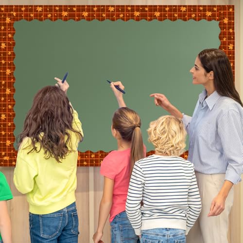 Image of BeYumi Fall Plaid Border Trim - 65ft Fall Maple Leaves Plaid Scalloped Rolled Border Trim Autumn Thanksgiving Brown Bulletin Board Set Harvest Party Decor Classroom Office Chalkboard Door Decoration