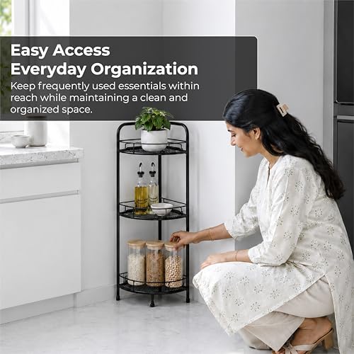 Image of Lifelong 3-Tier Corner Shelf Rack for Kitchen, Bathroom & Living Room | Multipurpose Storage Organizer Stand for Jars,Bottles & Plants|Durable Metal Frame,Space-Saving Corner Design, Anti-Rust Finish