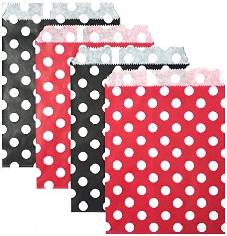 KIYOOMY 100 Pcs Candy Buffet Bags Small Polka Dot Paper Treat Bags (Red and Black, 5'' X 7'')