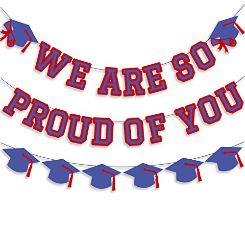 Image of We Are So Proud Of You Banner Graduation Party Decorations Congrats Grad Cap Garlands Wall Sign Blue Red