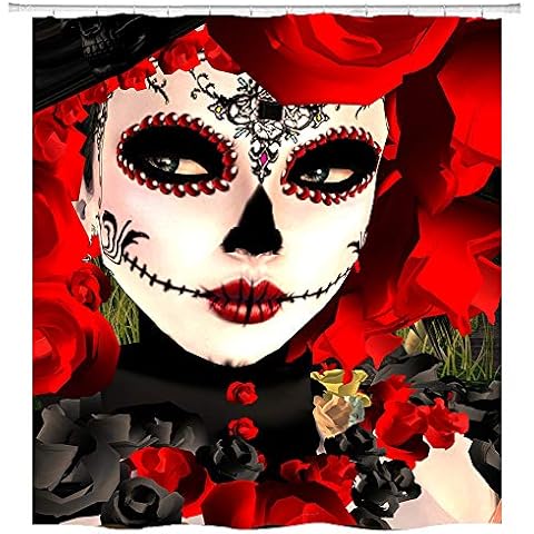 hipaopao Sugar Skull Girl Shower Curtain Red Rose Flower Funny Clown Fabric Shower Curtain Sets Bathroom Decor with Hooks Waterproof Washable 72 x 72 inches Black White Green Cover