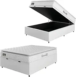 Cama Box Baú Colchão Espuma D33 Pillow Top New Millenium Branco Hellen – Suporta Até 120 Kg Por Pessoa (Casal 138x188x60cm)