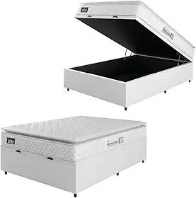 Cama Box Baú Colchão Espuma D33 Pillow Top New Millenium Branco Hellen – Suporta Até 120 Kg Por Pessoa (Casal 138x188x60cm)