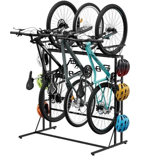 OYEAL Bike Rack Garage Floor Bike Storage Stand with 6 Hooks, Indoor Vertical Bicycle Organizer for 3 Adult Mountain/Road &1 Kids Bikes, Max Tire Width 2.6”, Black