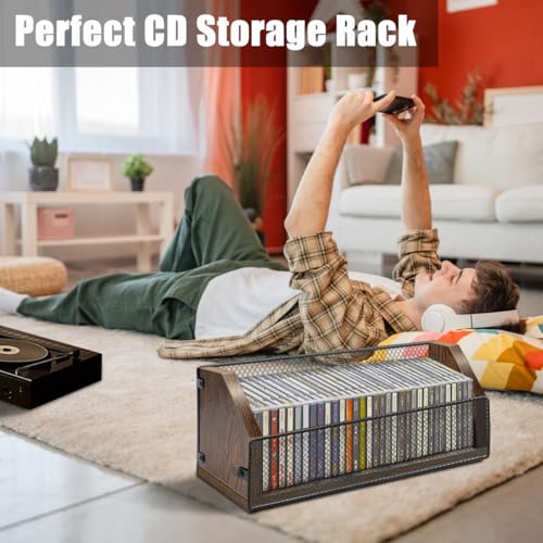 Image of CD Storage Rack, Wooden CD Organizer Holds 64 CDs (32 Each), Retro CD Shelf for Desktop, Perfect for DVD, Blu ray & Video Game Cases, Space Saving