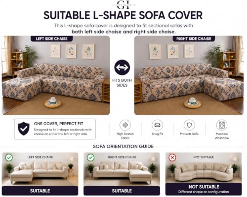 Image of Gifts Island Premium 160GSM Super Soft Beige Damask Stretchable Sofa Cover L Shape 7 Seater Fully Covered | Suitable for Both Left and Right Side Chaise Sofa (Beige Damask, 4+3 Seater)