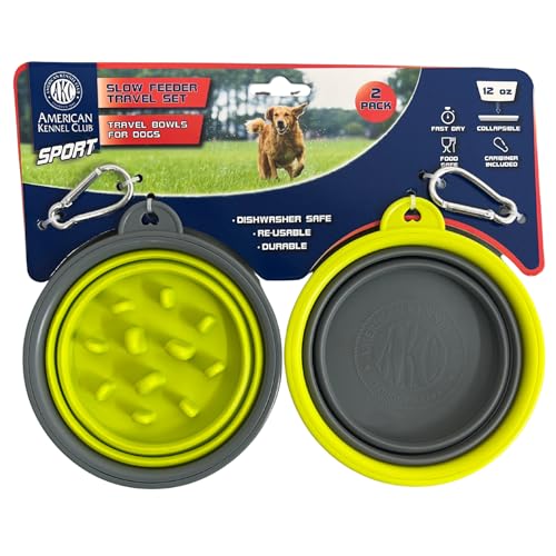 American Kennel Club 2-Pack Collapsible Travel Bowls for Dogs – Gray/Green, Portable Food & Water Bowls