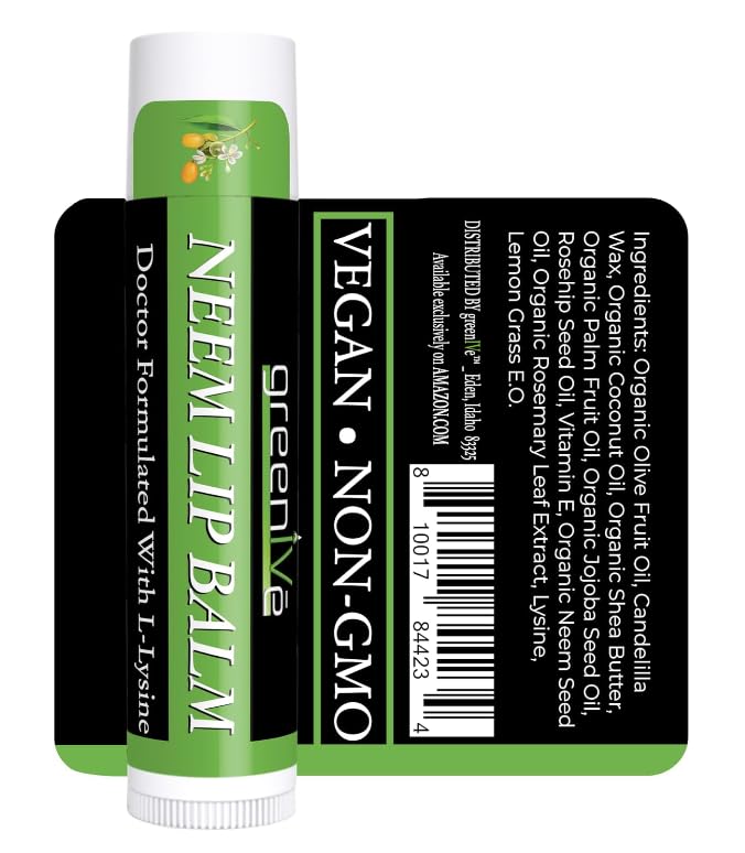 GreenIVe Neem Lip Balm Vegan Lip Moisturizer Neem Seed Oil L-Lysine Handcrafted Natural Lip Care Chap Stick for