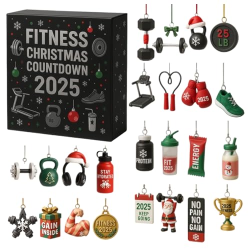 Fitness-Adventskalender 2025, 24 Tage Fitnessgeräte-Ornamente, 2D-Adventskalender mit Fitness-Ausrüstungsanhänger, Gegenwärtig für Sportler und Fitnessbegeisterte