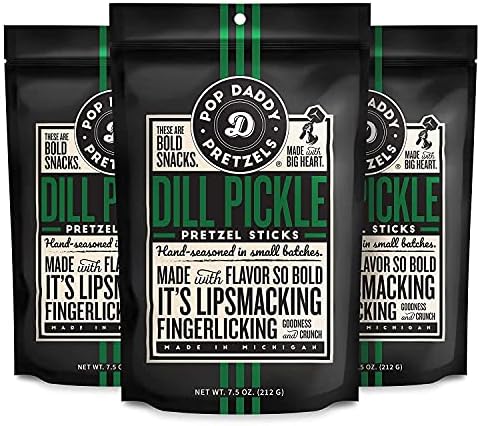 Pop Daddy Flavored Pretzels Sticks | Healthy Gourmet Pretzels Snacks | 7.5oz Individual Bags | 3 Pack | Dill Pickle