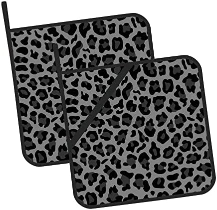 Gray and Black Leopard Print Pot Holders Set of 2 Kitchen Heat Resistant Potholder for Microwave Cooking Baking Oven End Dishes and BBQ