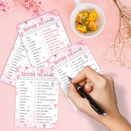 Image of Coquette Pink Bow Themed Sleepover Slumber Party Supplies -Pink Slumber Party Games Card - Sleepover Stuff - Birthday Night Games Creative Idea -Around the World- 20 Game Cards and 2 Answer Key