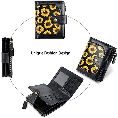 Image of Small Wallet for Women Leather Bifold RFID Blocking Zipper Pocket ID Window Womens Card Holder Case,Sunflower