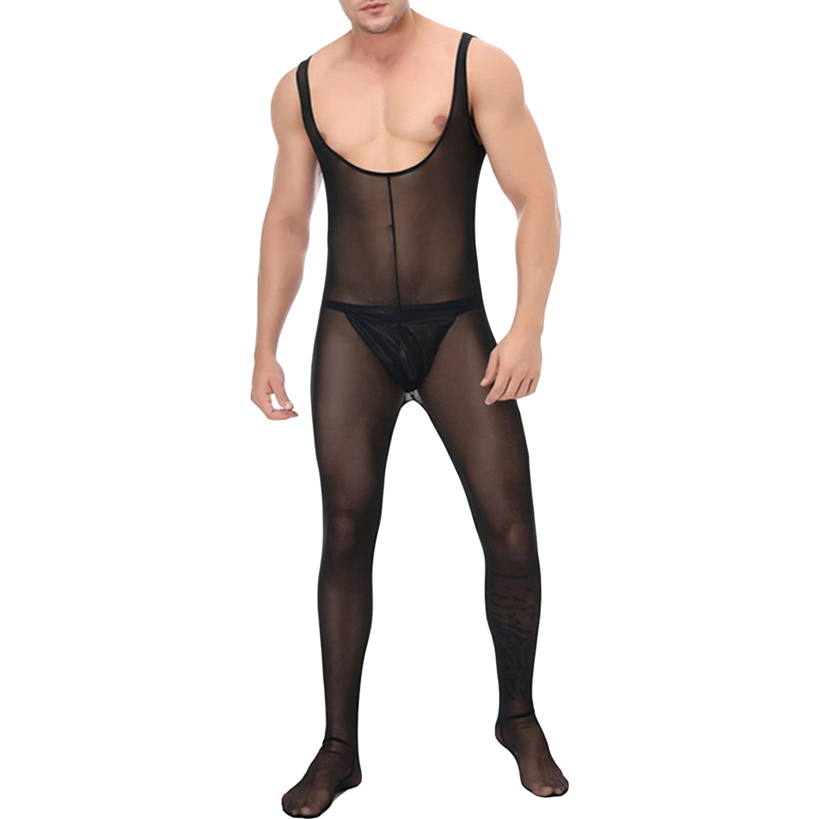 Maiyifu-GJ Men's One Piece See Through Mesh Bodysuit Faux Leather Wrestling Singlet Leotard Sissy Sheer Jumpsuit Clubwear (Black 3,XX-Large)