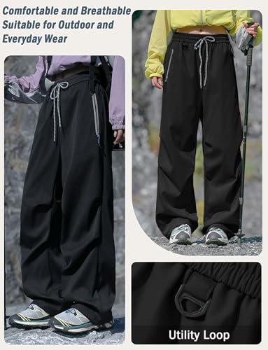 Image of FEOYA Hiking Pants Women Parachute Pants Baggy Quick-Dry Water-Repellent | with Zipper Large Pockets Outdoor Travel Cargo Pants Casual Wear
