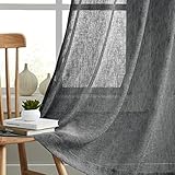 Melodieux Tende trasparenti in lino rustico, per camera da letto, soggiorno, in lino naturale, testurizzato, con tasca per asta filtrante, 150 x 150 cm, colore nero (2 pannelli)