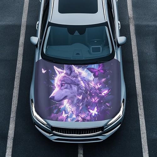 Image of 59x39 in Car Hood Cover,Wolf and Purple Butterfly Waterproof Car Cover Protector for Auto Car Truck Van SUV