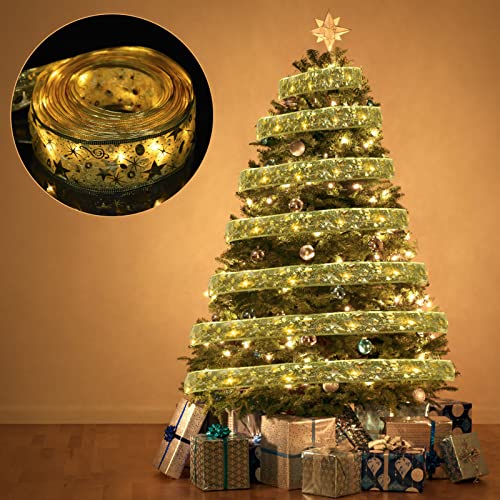 Shining Ribbon Fairy Lights,13ft Christmas Lights 40 LED Glow String Lights Waterproof Battery Operated for Christmas Tree Dazzler, DIY Lace Bow Holiday Indoor Outdoor Weddings Party Deco (Warm White)