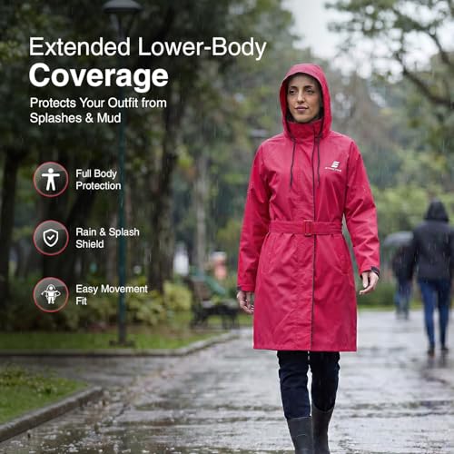 Image of Amazon Brand - Symactive Rain Coat for Women | Waterproof Polyester with PVC Coating | Hooded Long Coat with Belt | Seam Sealed | Reflective Branding | Pink & Black, L
