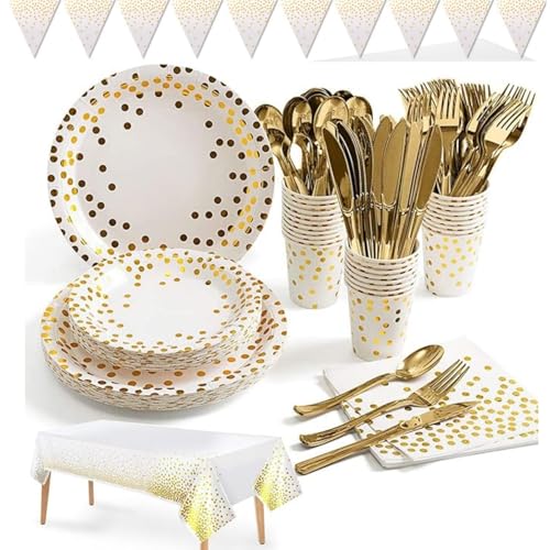 Riverhighfur Blanc et Or Vaisselle de Fête 142 Pcs Vaisselle Papier Set-Assiettes en Papier,Serviettes,Tasses,Nappe,Bannière Enfants Party Fête Mariages...