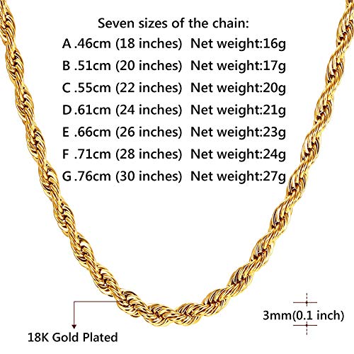 U7 Colar corrente de corda torcida de aço inoxidável banhado a ouro real 18 K para homens e mulheres