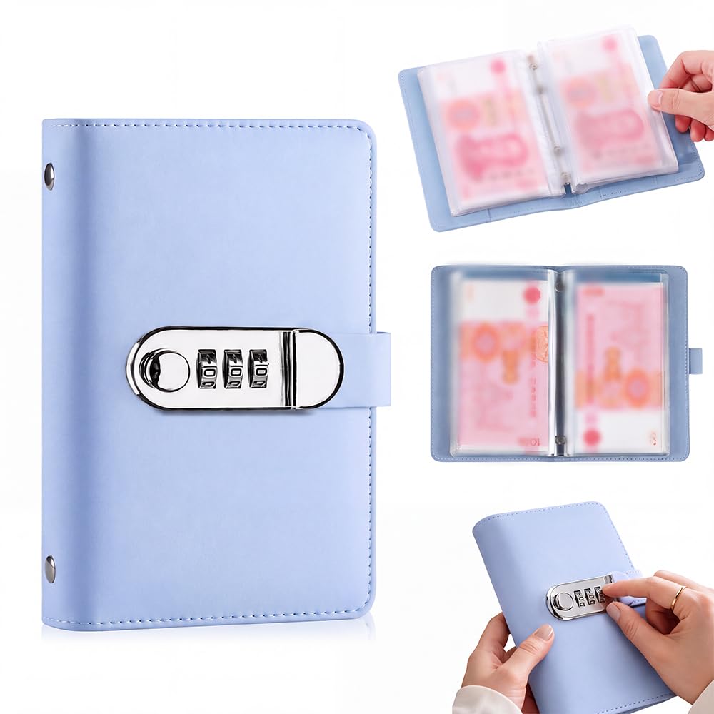Lockable Savings Notebook, 2027 New Portable Cash Envelope Binder (Light Blue)