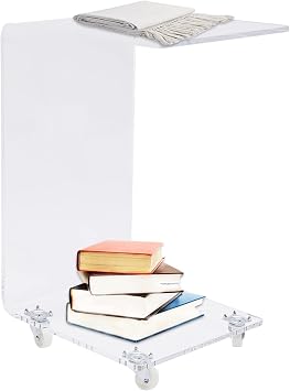 Acrylic Transparent Bedside Table C Shape Snack Table Sofa Couch Table Removable Acrylic Side Table, Transparent Coffee Table with Wheels