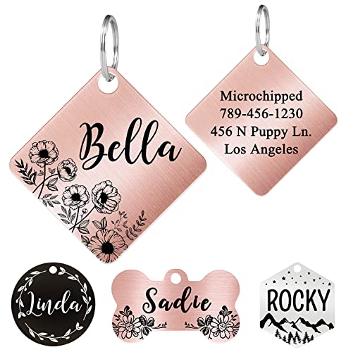 Ultra Joys Stainless Steel Pet ID Tags - Personalized Front and Back Engraving, Customized Dog and Cat Tags, Optional Engraved on Both Sides, Diamond Flower Rose Large