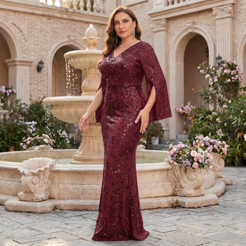 Image of Plus Size Formal Dresses for Women with Embroidery Sequin and Cape Sleeve, V-Neck Maxi Dress for Wedding and Party