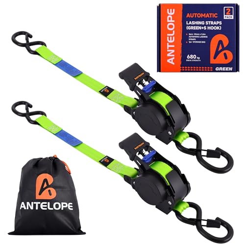 A ANTELOPE Automatik Spanngurt 3 6 m x 25mm 2 Stück Automatischer Spanngurtaufroller 340KG/680KG Einziehbare Spanngurte mit Ratsche und S Haken für Motorrad Kajak und LKW Grün