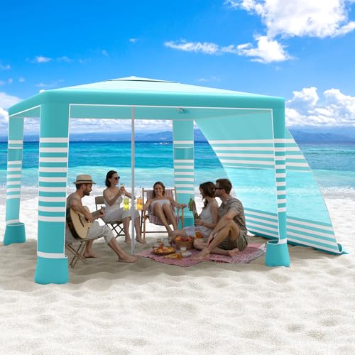MoKo Beach Cabana, 8'×8' Large Beach Canopy with Side Wall, UPF 50+ Protection Easy Setup Beach Tent Sun Shelter, Adjustable Height Wind Resistant Cabana Beach Tent for Whole Family, Green Stripe