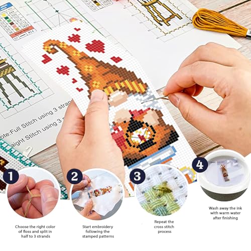 Image of FREEBLOSS 6 Set Cross Stitch Bookmark Kit 11 CT Stamped Cross Stitch Kit DIY Embroidery Bookmark Kits for Adult Beginners with Instructions, Gnome Pattern, 6 x 20 cm /8 inch x 2.4 inch