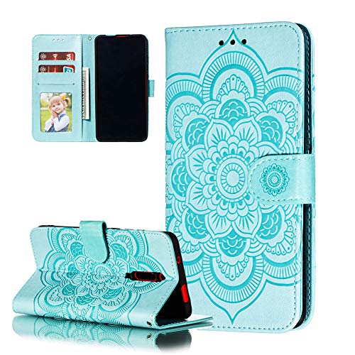 COTDINFOR Etui für Motorola Moto E6 Plus Hülle PU Leder Cover Schutzhülle Magnet Tasche Flip Handytasche im Bookstyle Stand Kartenfächer Lederhülle für Motorola Moto E6 Plus Green Mandala LD.