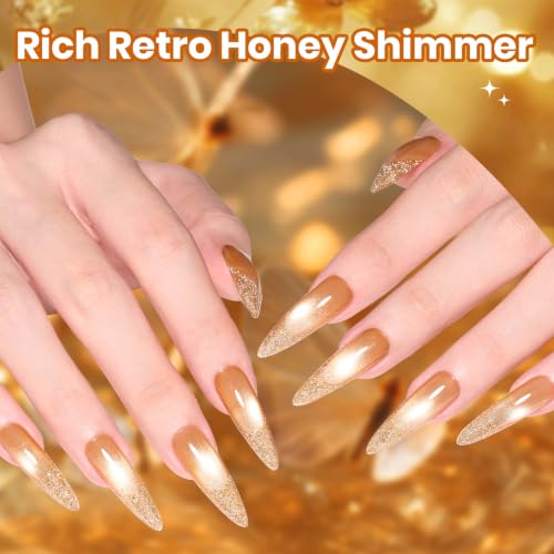 Image of Beetles Fall Gel Polish Set, Retro Honey Gold Glitter Cat Eye Soak Off Gel | 6 Colors Mustard Yellow Amber Brown With Shimmer And Magnetic Effects, UV LED Cure DIY Manicure