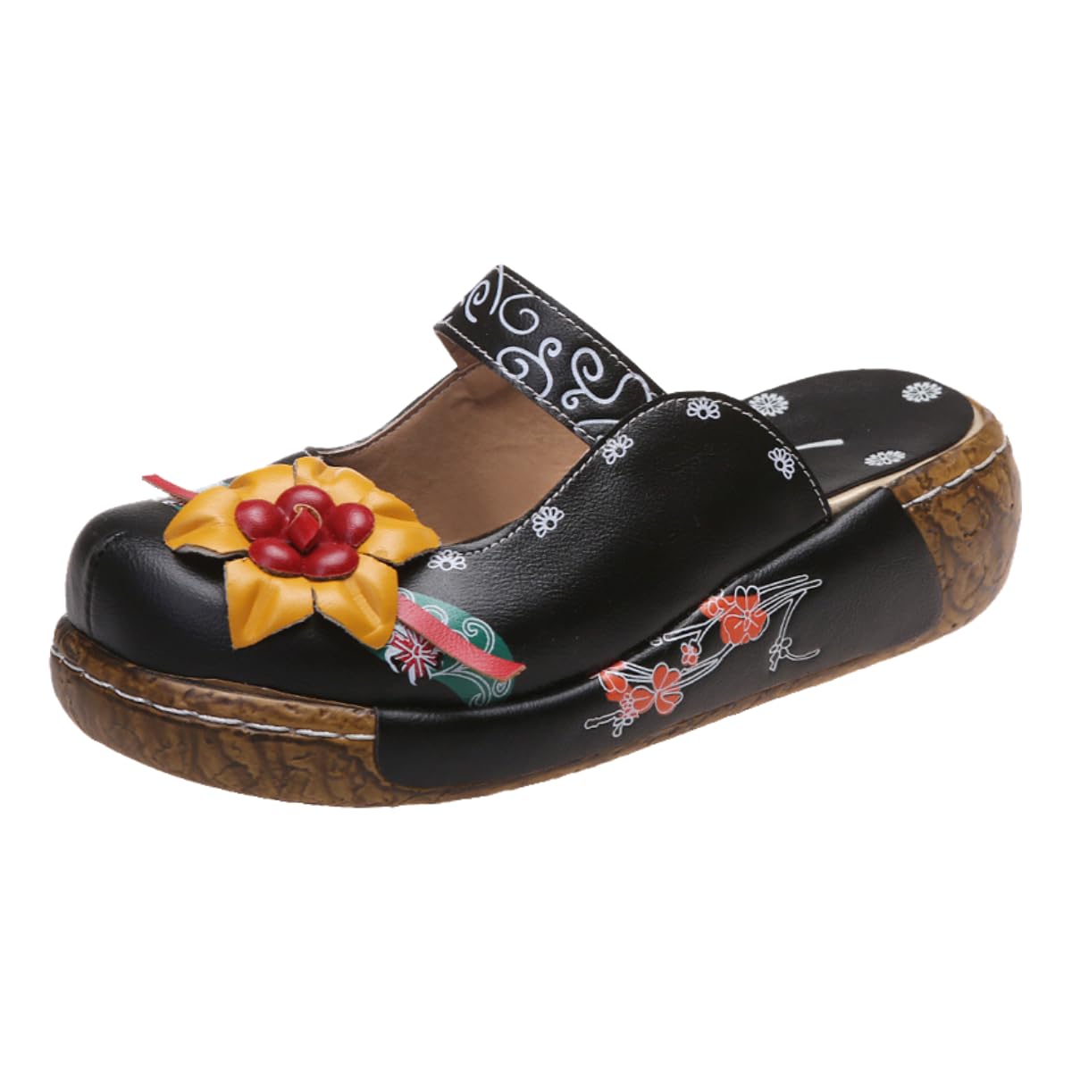 FRHDTVFN Floral Print Leather Clogs, Black Platform Mules with 3D Flower Decoration, Vintage Style