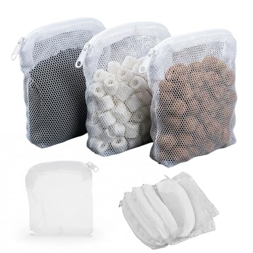 Kaiyzo 20 Sacs de Filtration pour Aquarium, 10x10 cm Sacs Filet en Nylon Blanc Réutilisables, avec Fermeture Éclair pour Charbon Actif, Billes Biologiques,...