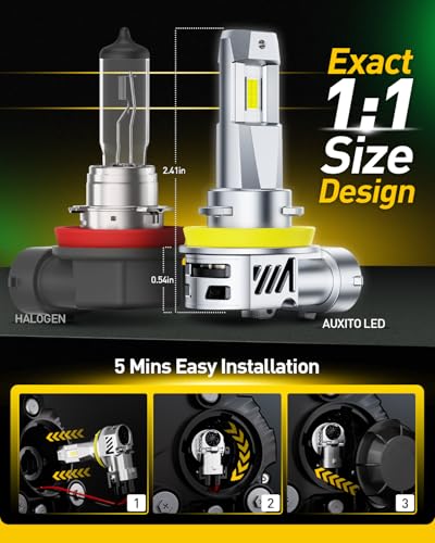 Image of AUXITO H11 H8 H9 Bulbs, 40000LM 1000% Brighter 6500K Cool White Light with Fan, 1:1 Mini Halogen Size, 30 Years Lifespan, CANbus Ready No Flicker, Pack of 2