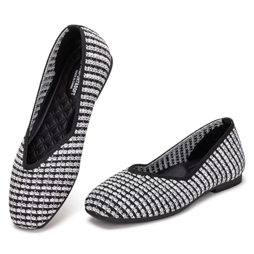 Image of Frank Mully Womens Casual Flat Shoes Square Toe Shoes Knitted Work Flat Comfort Dressy Flat Shoes for Daily Washable