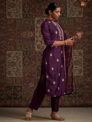 Image of INDO ERA Women's Embroidered Viscose Kurta Trouser With Dupatta Set (IEOUT3762)