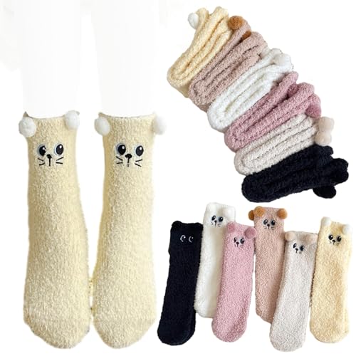 Fuzzy Socks 6 Pairs Womens Winter Warm Cute Cat Thick Home Socks Fluffy Socks Cozy Crew Thermal Cabin Floor Socks - Main Image