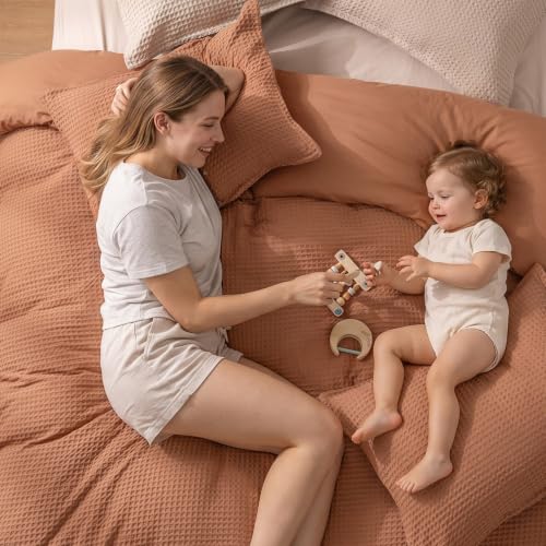 Image of PHF Waffle Weave Duvet Cover Set King Size, No Snagging Ultra Soft Luxury Textured Breathable Comforter Cover for All Season 3pcs, Durable Bedding Duvet Set with 2 Pillow Shams, 104 inchx90 inch, Terra Cotta
