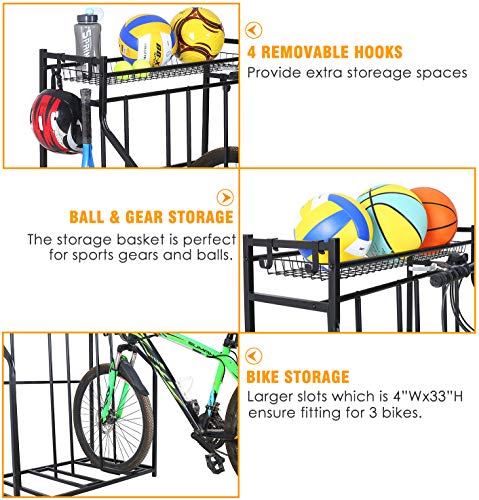 SNAIL 3 Bike Stand Rack with Storage for Garage Use, Freestanding Bicycle Instant Floor Parking Stand for Parking Road, Mountain, Hybrid or Kids Bikes, Sports Storage Station Garage Organizer - Black - Thumbnail 2