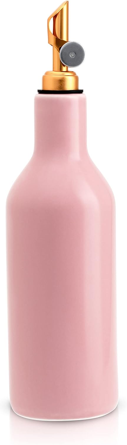 Ceramic Pink Olive Oil Dispenser - Coffee Syrup & Vinegar Cruet, Weighted Pourer, Safe Storage