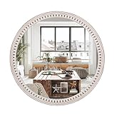 24 inches Decorative Round Wood Mirror with Bead, Rustic Farmhouse Circle Mirrors for Wall Decor, Living Room, Entryway, Bathroom Over Sink