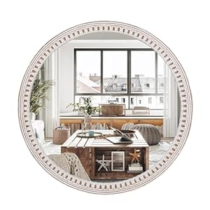 24 inches Decorative Round Wood Mirror with Bead, Rustic Farmhouse Circle Mirrors for Wall Decor, Living Room, Entryway, Bathroom Over Sink
